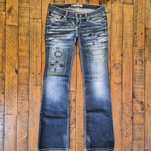 Y2K BKE Stella Bootcut Jeans 25x31.5 Emebellished Stitch Rhinestone Distressed